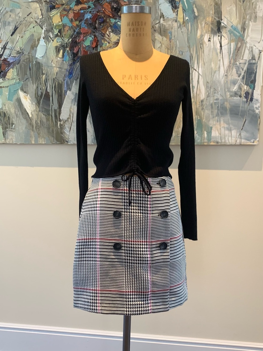 Black & White Plaid Double-Breasted Mini Skirt with Pink Trim, Black knit shirt